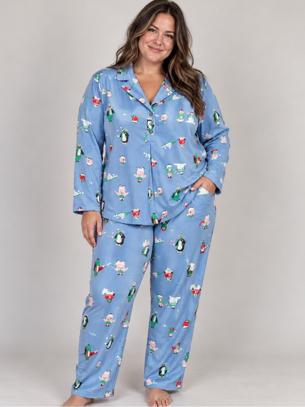 Old Navy 4X Blue Christmas Pajama Set Holiday Winter Penguins Pigs PJs